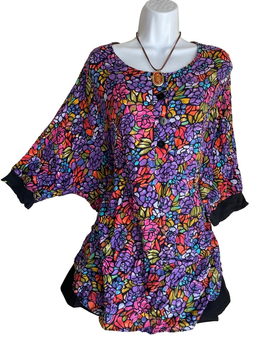 Vintage Maggie Sweet Plus 3X Boho Floral Button Up Balloon Sleeve Tunic Blouse